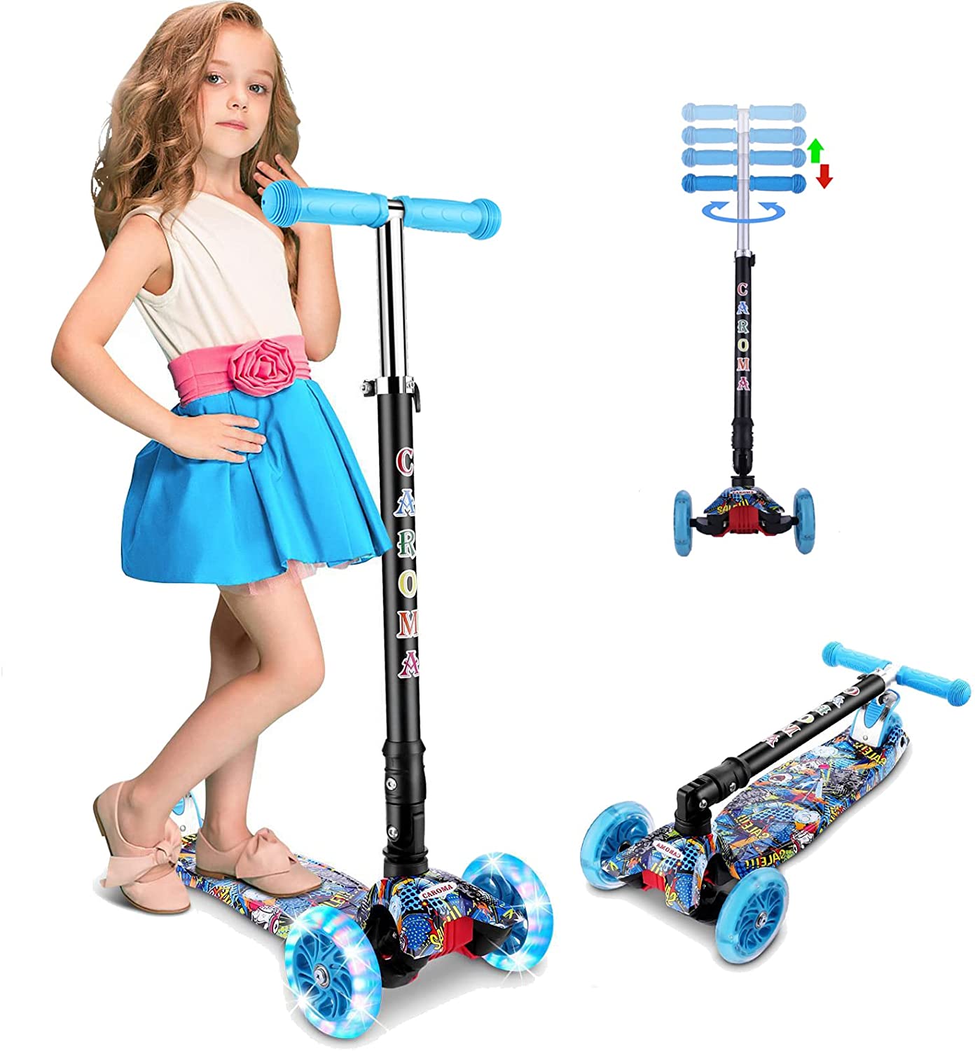 Bearing Capacity 110lb LBLA Kick Scooter with 3 LED Light-Up Wheels for Toddlers 3-8 Year-Old,4 Adjustable Handlebar,Lean to Steer with Extra-Wide Deck,Folding Graffiti Scooter with Musical 